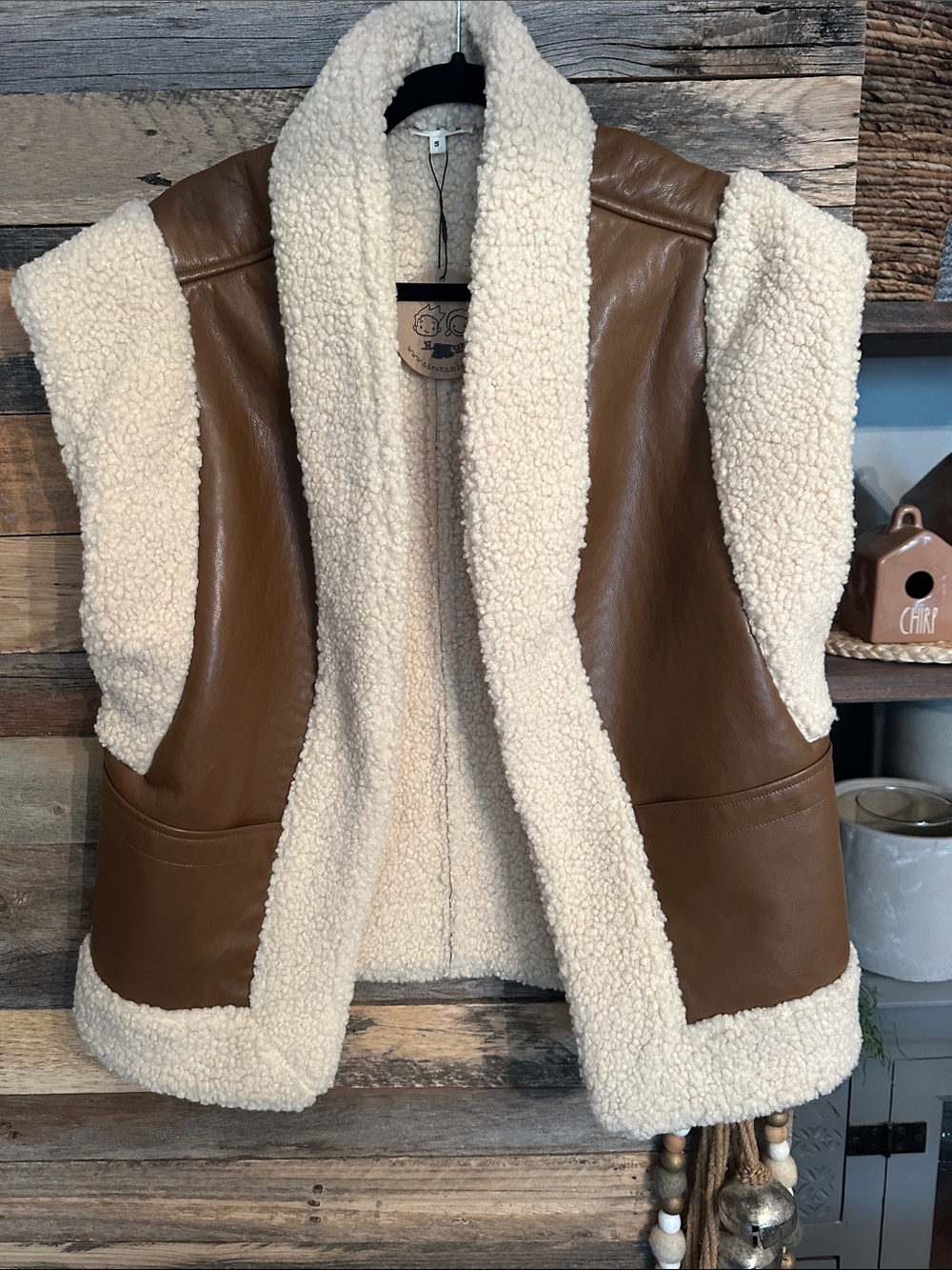 Brown & Cream Sherpa-Trim Faux Leather Vest